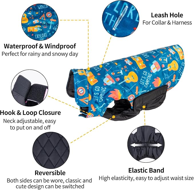 CuteBone Winter Dog Coat - Waterproof Windproof Reversible Vest, Thick Adjustable Cold Weather Jacket for Small Medium Large Dogs, Soft With Leash Hole