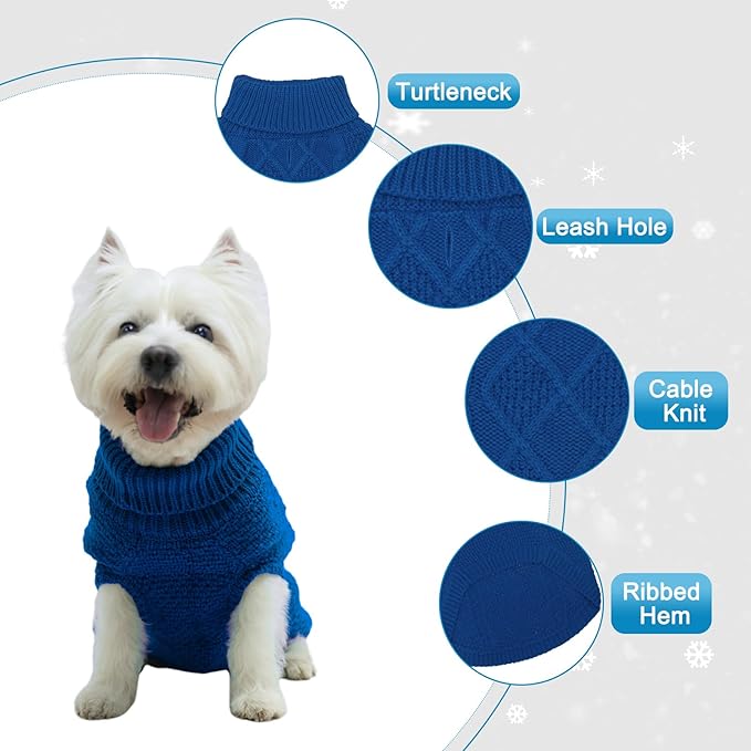 Mihachi Turtleneck Dog Sweater - Winter Coat Apparel Classic Cable Knit Clothes with Leash Hole for Cold Weather, Ideal Gift for Pet in New Year Royal Blue Small/Medium