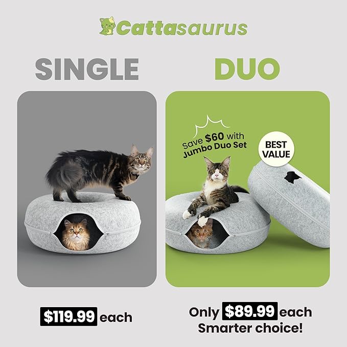 Cattasaurus Peekaboo Cat Cave, Extra Spacious for Multiple & Large Cats 12+ lbs, Scratch Detachable Beds for Indoor Cats, Washable Tunnel Bed, Comfy Cat Donut Tunnel (Light Gray+Light Gray, Jumbo)