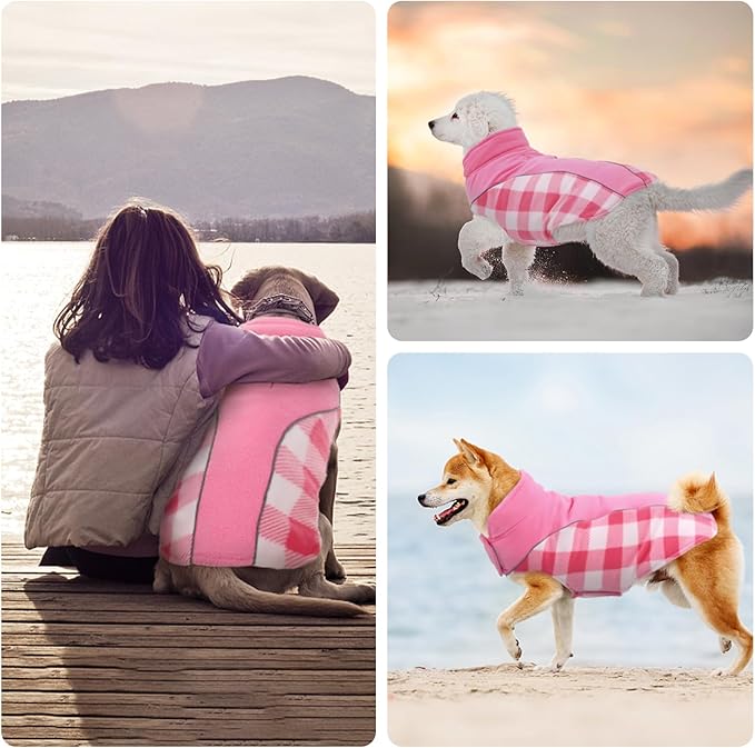 Kuoser Dog Winter Coat, Reversible Waterproof Dog Jacket with Leash Hole, Warm Dogs Fleece Vest Adjustable Doggy Cold Weather Clothes Plaid Christmas Outfit Pet Apparel for Extra Large Dogs, Pink 3XL