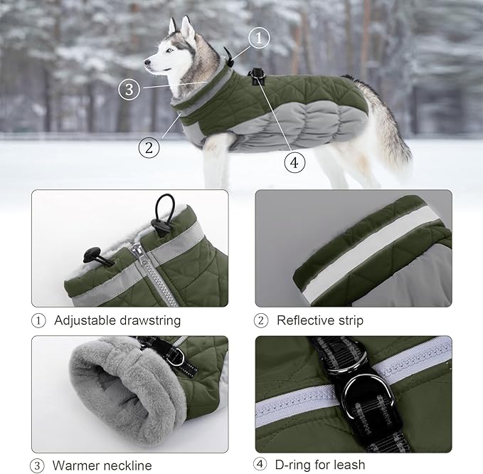 Lelepet Dog Coat Warm Dog Winter Coat Waterproof Dogs Jacket with Harness Built in Reflective Pet Fleece Vest Zip-Up Cold Weather Coats for Small Dogs Turtleneck & Windproof Coats Yorkie Army Green S