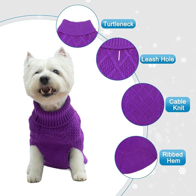 Mihachi Turtleneck Dog Sweater - Winter Coat Apparel Classic Cable Knit Clothes with Leash Hole for Cold Weather, Ideal Gift for Pet in New Year Purple X-Small