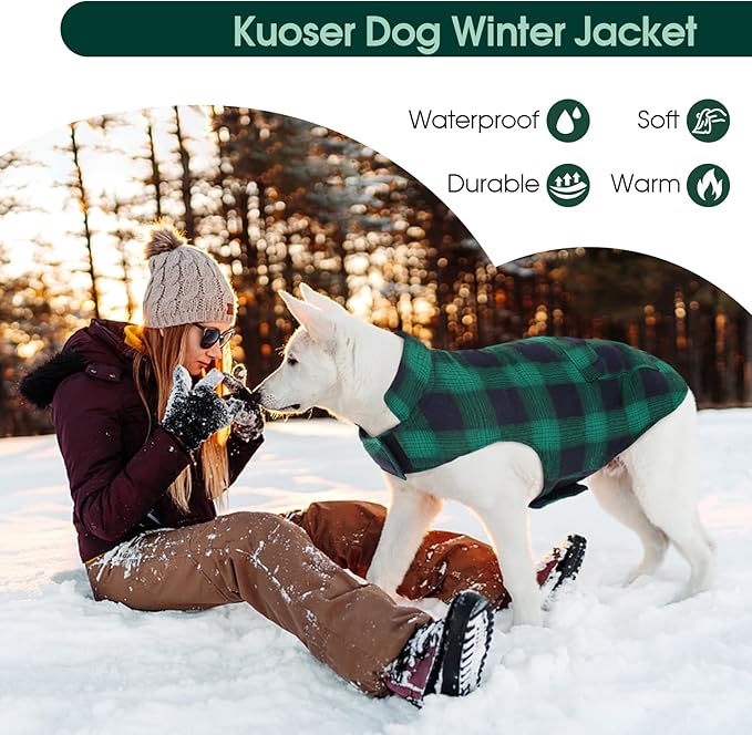 Kuoser Reversible Dog Jacket, Warm Winter Coat for Medium & Large Dogs, Warm Windproof Pet Cold Weather Clothes, Green XL