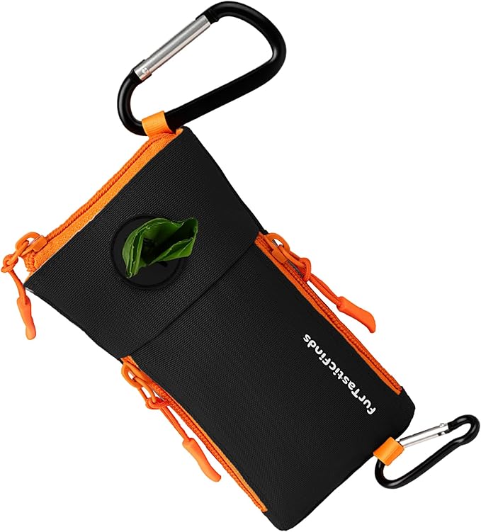 Dog Poop Bag Holder for Leash with 2 Waterproof Storage Pouches, Carabiner Clip, Zipper Soft Dog Pouch for Pet Waste Bags, Dog Walking, Training, Travel (Black)