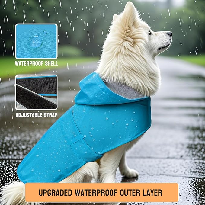 Dog Raincoat Dog Rain Jacket Poncho Waterproof Pet Rain Suit Double Layer Breathable Lining Hooded Leash Hole Adjustable Puppy Small Medium Dogs,Blue,XXL
