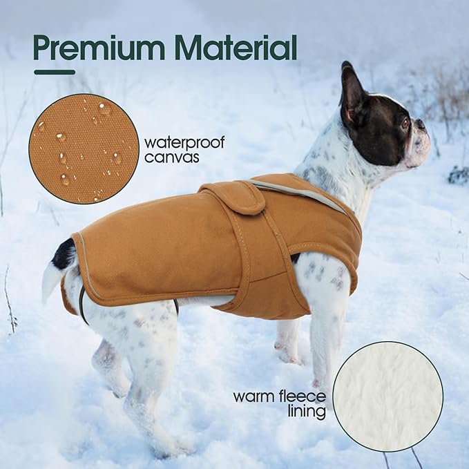 Kuoser Canvas Dog Coat, Warm Dog Jacket Reflective Fleece Pet Cold Weather Coat, Warm Doggie Clothes Waterproof Winter Vest with Zipper Leash Hole for Small Medium Large Dogs, Brown 3XL