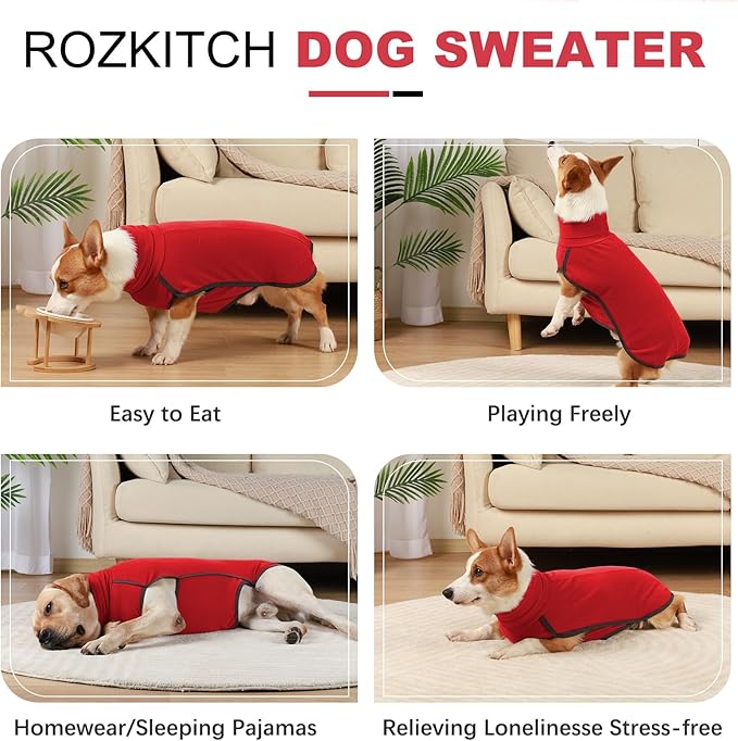 ROZKITCH Dog Winter Coat Soft Pullover Pajamas, Pet Windproof Warm Cold Weather Jacket Vest Cozy Jumpsuit Apparel Outfit Clothes for Xmas Walking Sleep BrightRed L