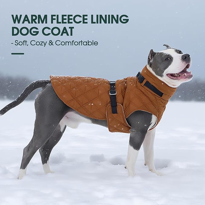 Kuoser Dog Coat Warm Fleece Lining Turtleneck Dog Jacket with Harness Built-in, Adjustable Windproof Cold Weather Coats with Quick Release Buckle Pet Winter Snowsuit for Extra Large Dogs, Khaki 3XL