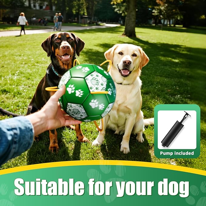 Size 2 Dog Soccer Ball with Straps Durable Training Ball for Pets Interactive Outdoor Dog Toy, Green & White, Paw Design, for Small & Medium Puppie