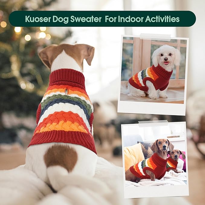 Kuoser Dog Sweater, Warm Dog Sweaters for Small Dogs Pet Christmas Clothing, Classic Cable Knitwear Cold Weather Thermal Pullover for Pug Dachshund Yorkie, Soft Puppy Turtleneck Sweatshirt, Red S