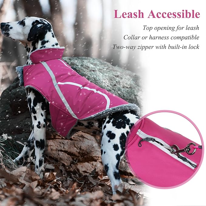 VIVAGLORY Frostfit Dog Coat, Dog Jacket for Winter & Cold Weather, Warm Fluffy Fleece Lined Water Resistant Reflective for Puppy, Coat with Velcro Fastening & Leash Hole, S, Fuchsia