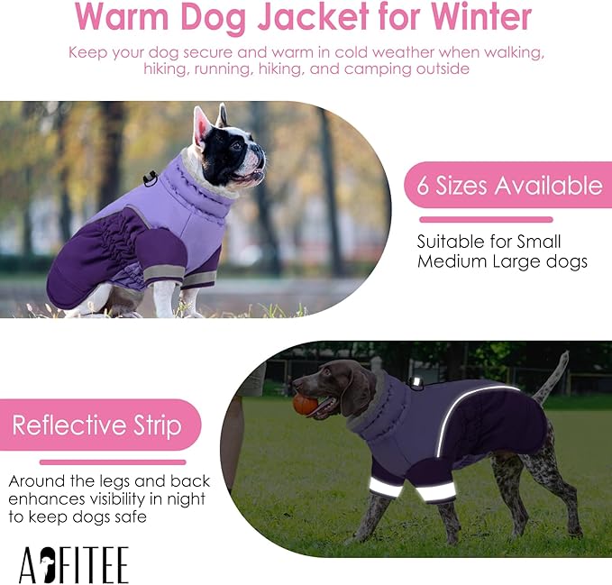 AOFITEE Dog Coat- Two Legged Large Dog Winter Jacket - Zipper Dogs Cold Weather Coat with Harness, Warm Pet Puffer Jackets Reflective Pet Snow Coats for French Bulldog, Boston Terrier, Purple L