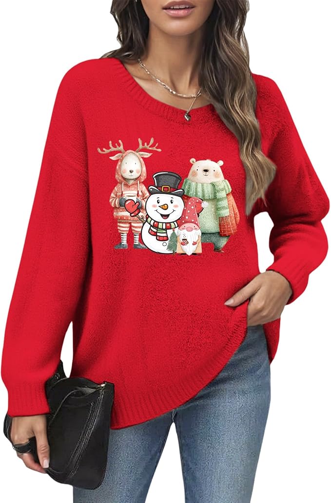 Women's Red Christmas Sweater - Festive Cartoon Patterns, Cozy Knit for Holiday Parties & Gatherings
