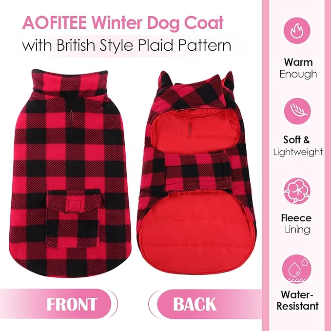AOFITEE Dog Coat Plaid Dog Winter Coat for Large Dogs, Warm Dogs Jacket Christmas Sweater, Waterproof Pet Puffer Jacket, Reversible Pet Cold Weather Coats for Small Medium Large Pets, Red XXXL