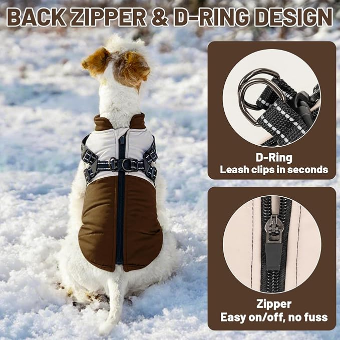 Dog Winter Coat for Small & Medium Dogs (Up to 31lb), Waterproof Dog Coat with Harness, Puppies Windproof Puppy Puffer Jacket, Snowsuit for Dachshund,Frenchie, Corgi (Classic Brown, Medium)