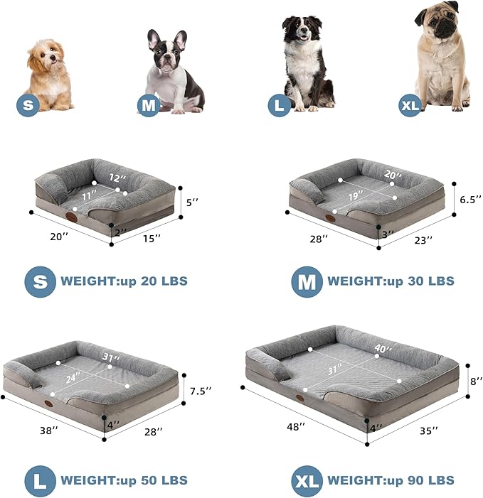Cooling Pet Bed for Large Dogs and Cats, Waterproof Orthopedic Dog Sofa Bed, Supportive Foam Pet Couch Bed with Washable Removable Cover, Waterproof Lining and Nonskid Bottom(Large, Grey)