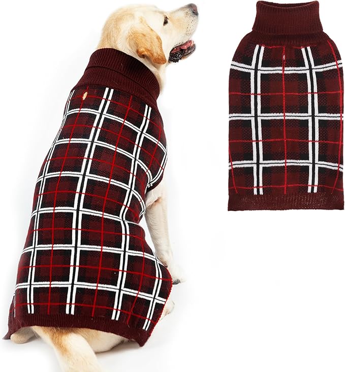 PUPTECK Dog Christmas Sweaters for Large Medium Small Dogs - Fall Classic Plaid Style Puppy Holiday Winter Coat Clothes Warm, Deep Red, L