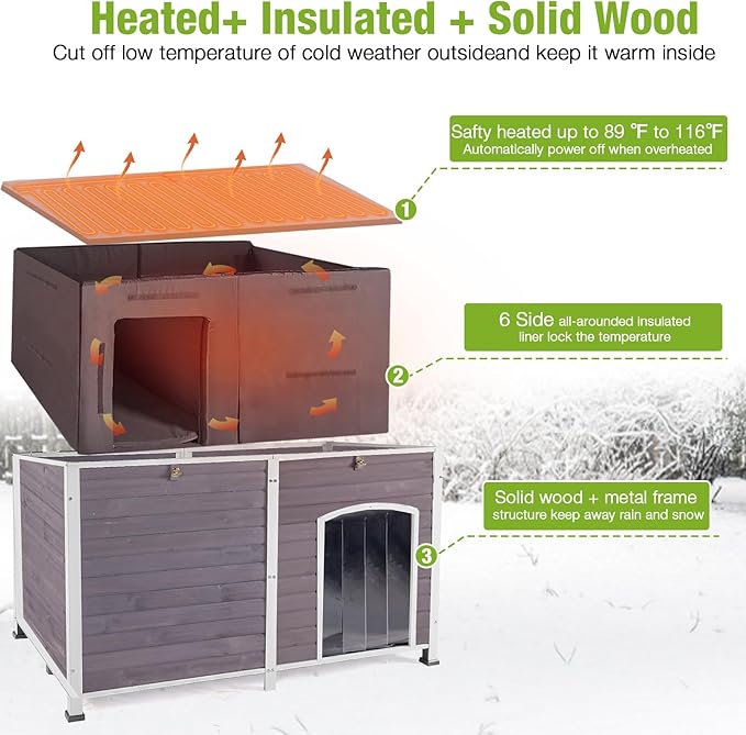 GUTINNEEN Extra Large Heated Dog House for Large Dogs, 6-Sided Insulated Outdoor Dog House with Thermostat Heating Pad, Metal Frame, Insulated Liner, Weatherproof Warm Shelter for Winter Use, Grey