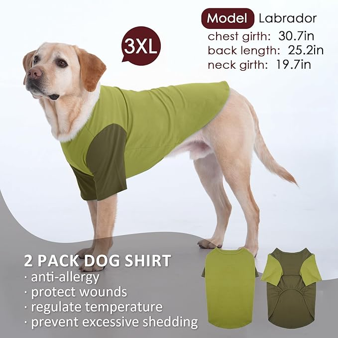 2 Pack Dog Shirt for Large Dogs XXL - Soft Breathable Cotton Tees, Freedom of Movement Prevents Overheating Dog Clothes for Border Collie, Pitbull, Boxer, Hiking, Play, Casual Wear, Green
