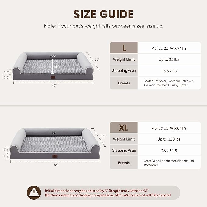 Orthopedic XL Dog Beds, Waterproof Pet Bed for Extra Large Dogs, Non-Slip Bottom and Egg-Crate Foam Large Pet Couch Sofa with Washable Removable Cover, Light Grey