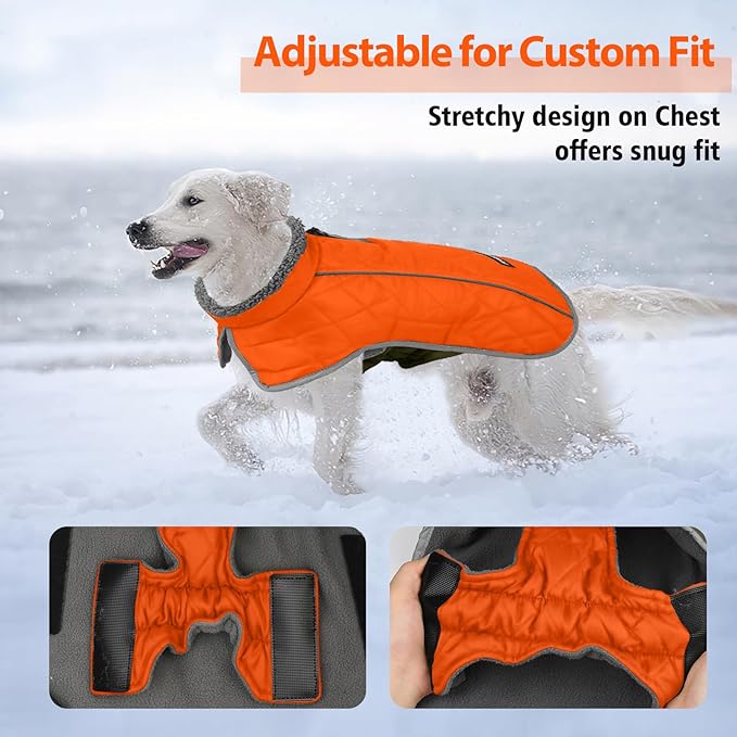 Fragralley Dog Coat Large, Waterproof Dog Jacket with Warm Fleece Lining, Adjustable Reflective Dogs Winter Coat, Turtleneck Pet Coats for Cold Weather (Orange XL)