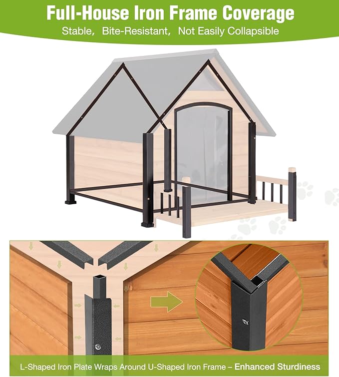 Large Dog House Outdoor Weatherproof with Porch, All-Metal Frame Chew-Proof Dog Kennel with Asphalt Roof, for Small Medium Large Dogs