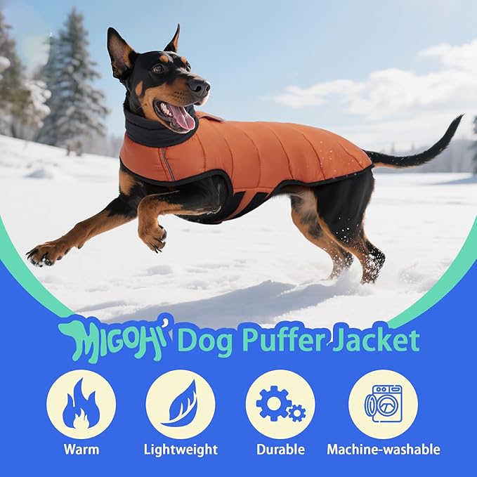 MIGOHI Lightweight Dog Coat, Windproof Dog Jacket, Puffer Jacket for Large Dogs, Padded Vest with Reflective Strips, Warm Snow Vest in Cold Weather, Easy On Hook & Loop Belly, Caramel, 3XL