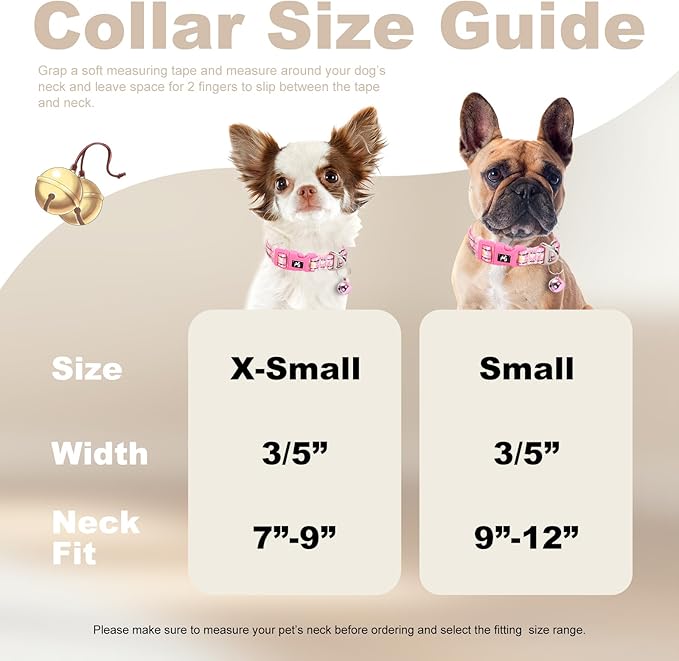 Small Dog Collar with Bell - Reflective Nylon Dog Collar for Small Breeds, Adjustable XXS/XS Tiny Chihuahua Pomeranian Yorkie Collar for Night Walks & Indoor Play（Daisy S）