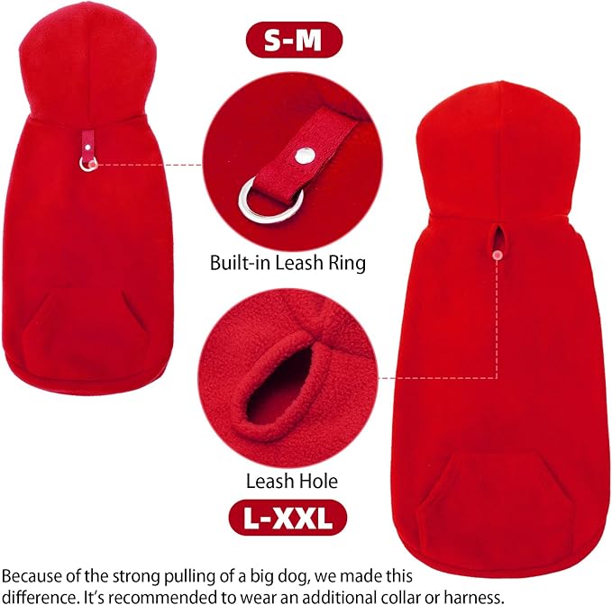 EXPAWLORER Dog Hoodie Fleece Sweater Vest, Hooded Dog Sweatshirt Fall Winter Pet Clothes with Leash Hole, Sleeveless Warm Cozy Puppy Clothing for Cat Small Medium Large Dogs Girl Boy, Red L