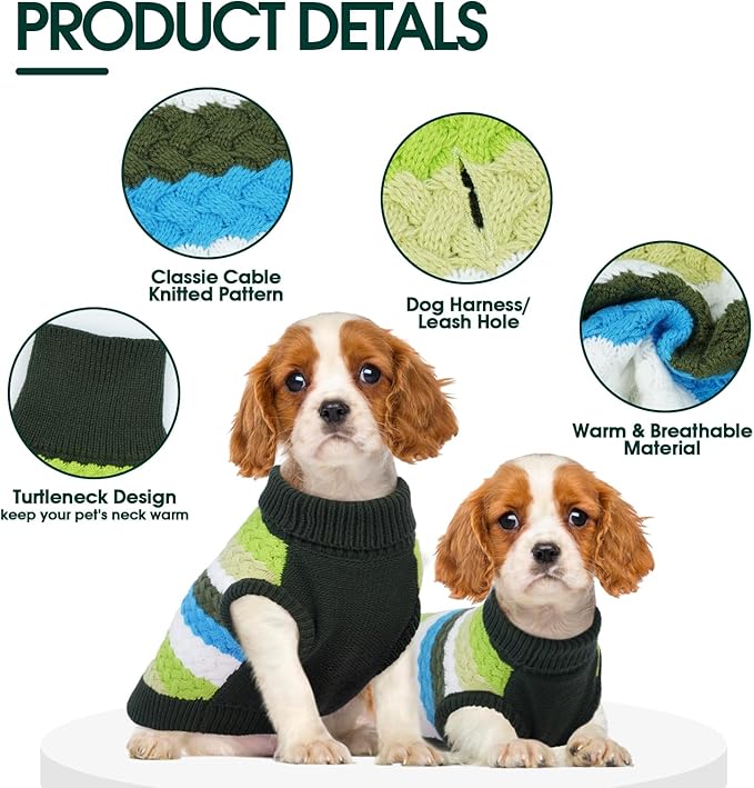 Kuoser Dog Sweater, Large Sweaters for Dog Girls Boys Christmas Thanksgiving Outfit, Thick Fall Winter Cable Knitwear, Pet Sweatshirt Warm Clothes Turtleneck Pullover, Green L