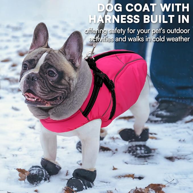 Queenmore Dog Jackets for Large Dogs,Dog Coat with Harness Built in,Waterproof Dogs Coats with Zipper On Back,Warm Fleece Lining Cold Weather Pet Coats with Furry Collar for Labrador,Rosered,XL