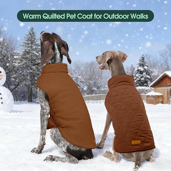Kuoser Reversible Dog Coat – Warm Fleece & Quilted Waterproof Dog Jacket, Double-Sided Cold Weather Dogs Winter Coat with Harness Hole, Windproof Pet Snow Vest for Small Medium Large Dogs, Brown XS