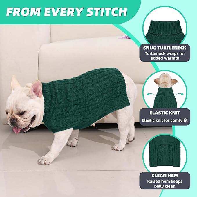 2 Pack Dog Sweaters for Medium Dogs Turtleneck Pullover Cable Knit Stretch Clothes French Bulldog Dachshund Boston Terrier Corgi Beagle Pug Boy Girl Pets Winter Clothes (M, Green & Brown)