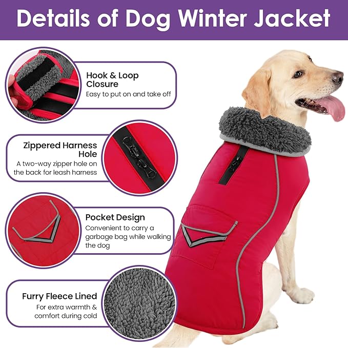 SUNFURA Small Dog Coat, Warm Dog Jacket with Zippered Leash Hole, Reflective Pet Winter Coat Fleece Jacket with Adjustable Furry Collar for Small Dogs Schnauzer, Yorkshire Terrier, Red S
