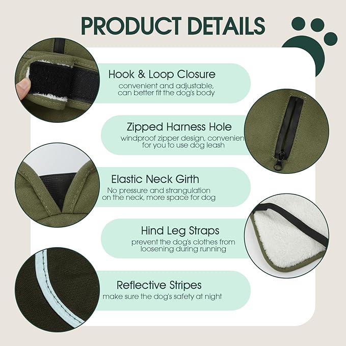 Kuoser Army Green Dog Winter Coat, X-Large, Water-Resistant, Fleece, Hooded Neck, Elastic, Hook, Zipper, Cotton, Comfortable, Leash Hole, Reflective, for Medium Breeds