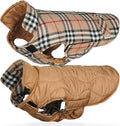 VIVAGLORY Softjoy Dog Coat, Dog Jacket for Winter & Christmas, Coat with Harness Hole & Velcro Closure, Reversible Plaid Checkered Warm Fluffy Heavy Duty for Puppy, XXS, Khaki