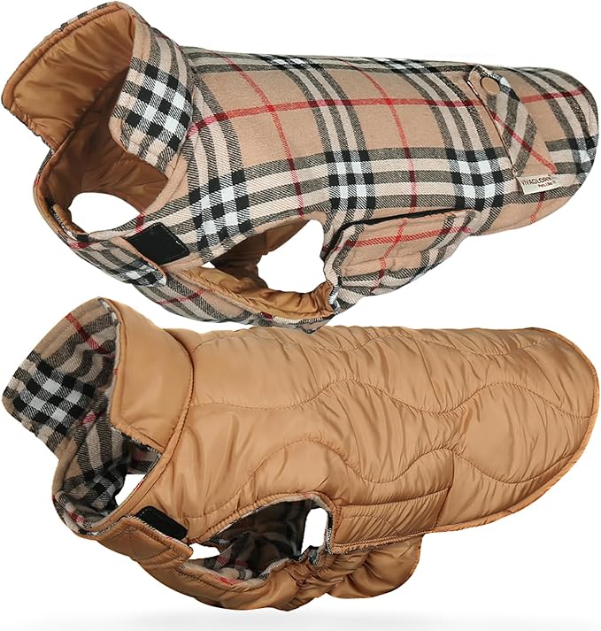 VIVAGLORY Softjoy Dog Coat, Dog Jacket for Winter & Christmas, Coat with Harness Hole & Velcro Closure, Reversible Plaid Checkered Warm Fluffy Heavy Duty for Puppy, XL, Khaki