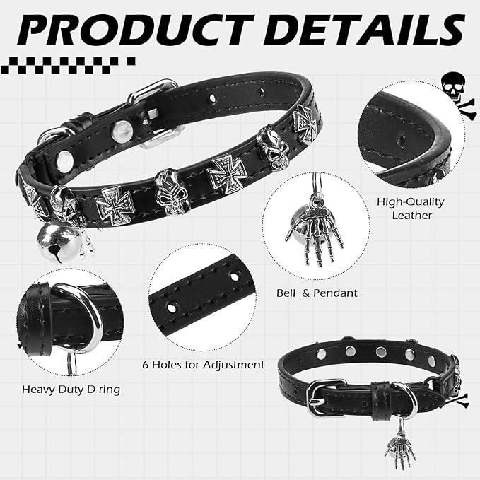 EXPAWLORER Halloween Cat Collar for Girl Boy- Adjustable Leather Pet Collar with Safety Elastic Belt,Personalized Punk Accessories Buckle Collars with Bell & Durable D-Ring, Skull(Black)