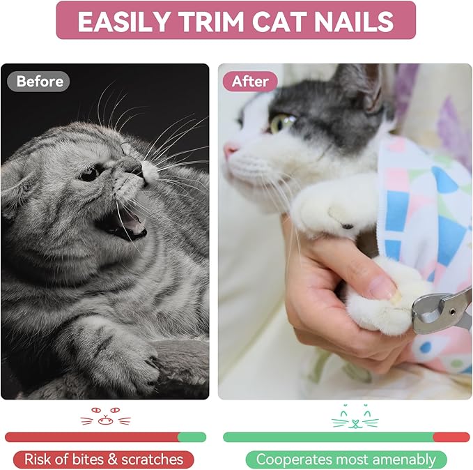 Cat Grooming Wrap for Cutting Nails, 21.6" Anti-Escape Calming Cat Swaddle Wrap for Medicine, Nail Clipping, Teeth Brushing, Ear Cleaning, Self-Adherent Burrito Restraint, (Happy Kitty, M)