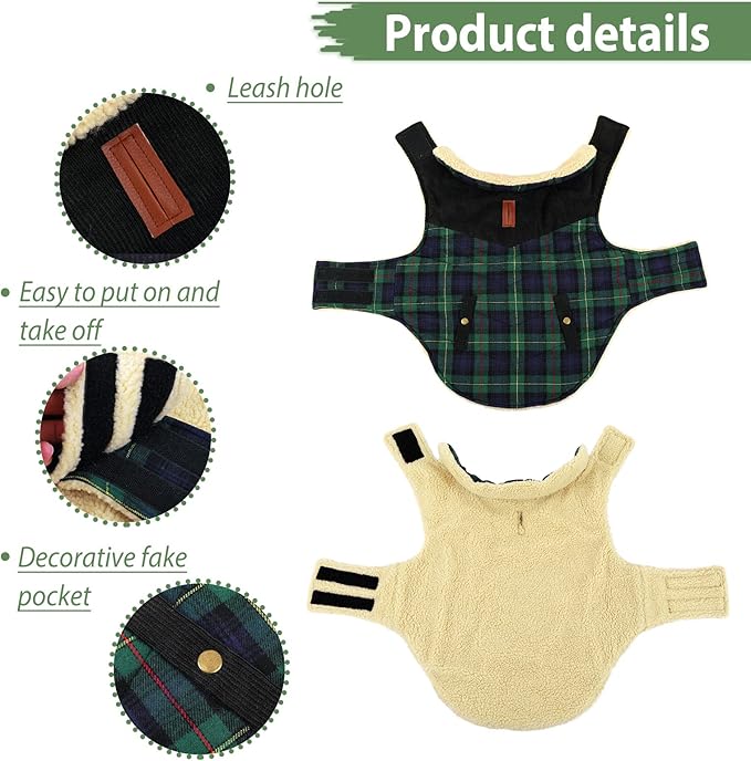 Winter Coat for Small and Medium Dogs, Puppy Plaid Jacket, Cotton Coat for Cold Weather, Windproof Warm Dog Garments, Pet Thickened Outfits Indoor Outdoor, Green M