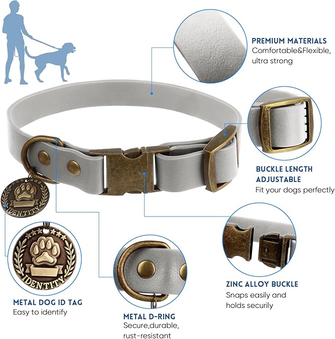 Wisedog Dog Collar and Leash Set, Waterproof Adjustable Puppy Collars with Cute Tag 6FT Dog Leash with Poop Bag for Small Medium Large Dogs (L(Collar:14"-22";Leash:5 ft), Grey)