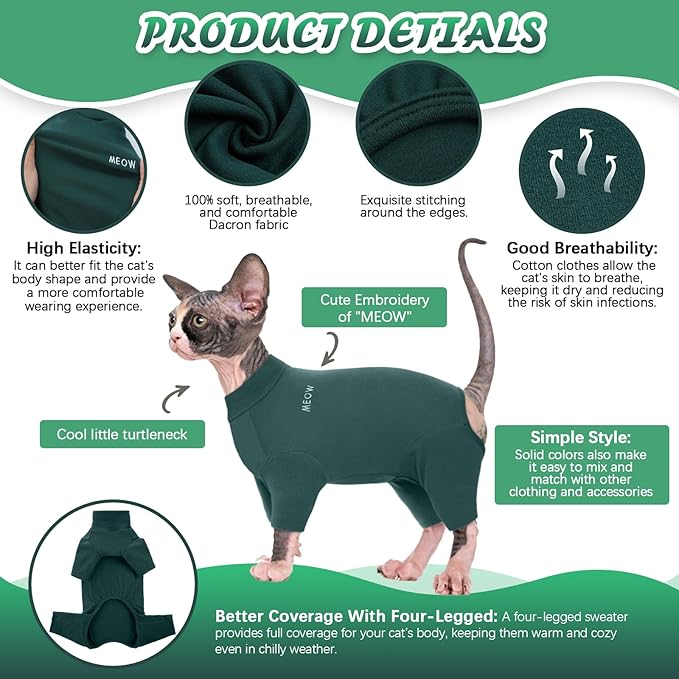 ROZKITCH Pajamas for Cats, Breathable Cat Sweaters for Cats Only, Pet Coat with Four Legs, Warm Sweater T-Shirt Pajamas Jumpsuit Vest Cornish Rex Devon Rex Peterbald DarkGreen S