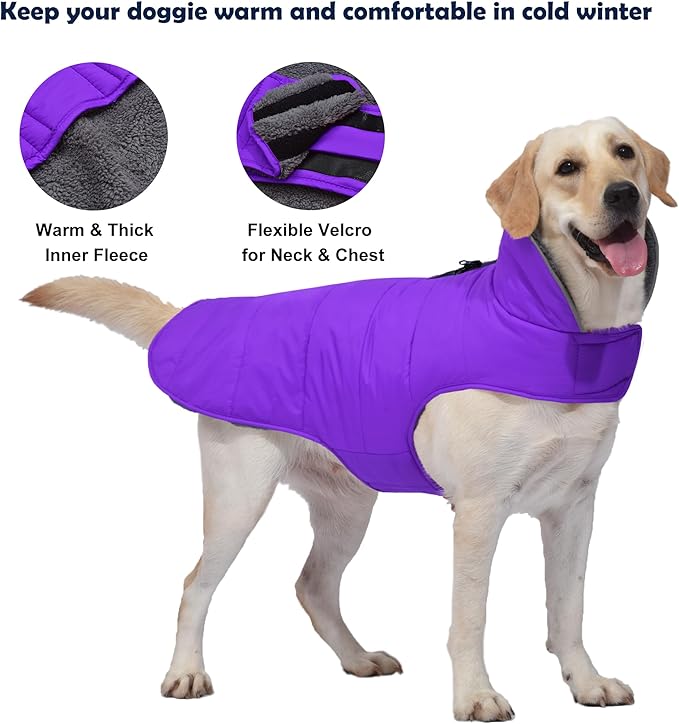 Dog Winter Coat, Waterproof Dog Jacket with Leash Hole, Reflective Adjustable Pet Snow Vest, Warm Fleece Sweater for Small Medium Large Dogs - Purple, L