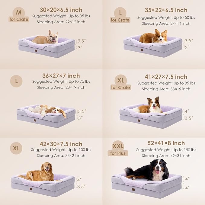 EHEYCIGA Memory Foam Dog Bed for Large Sized, Orthopedic Dog Sofa with Sides and Waterproof Liner, Washable Bolster Pet Couch with Removable Cover, 41x27x7.5 Inch, Purple