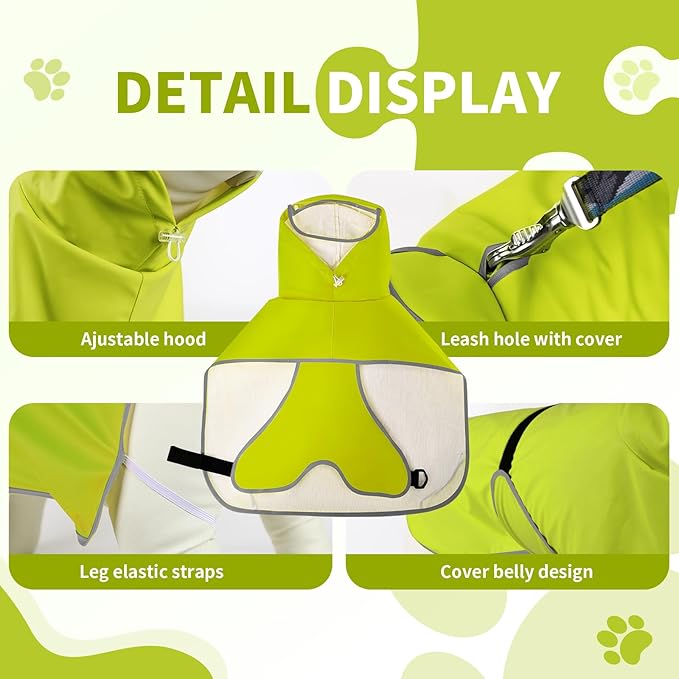 Dog Raincoat, Waterproof Windproof Dog Rain Jacket with Hood, Rain Coat with Leash Hole, Adjustable Raincoat Poncho for Small Medium Large Dogs Outdoor (Neon Yellow, Small)