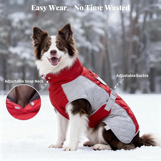 Dog Coat Dogs Winter Coat- Fleece Lined,Water-Resistant,Convertible Collar,Back Reflective Strip&Easy to Wear for Outdoor Walking Dog-Jacket(Red, Large)