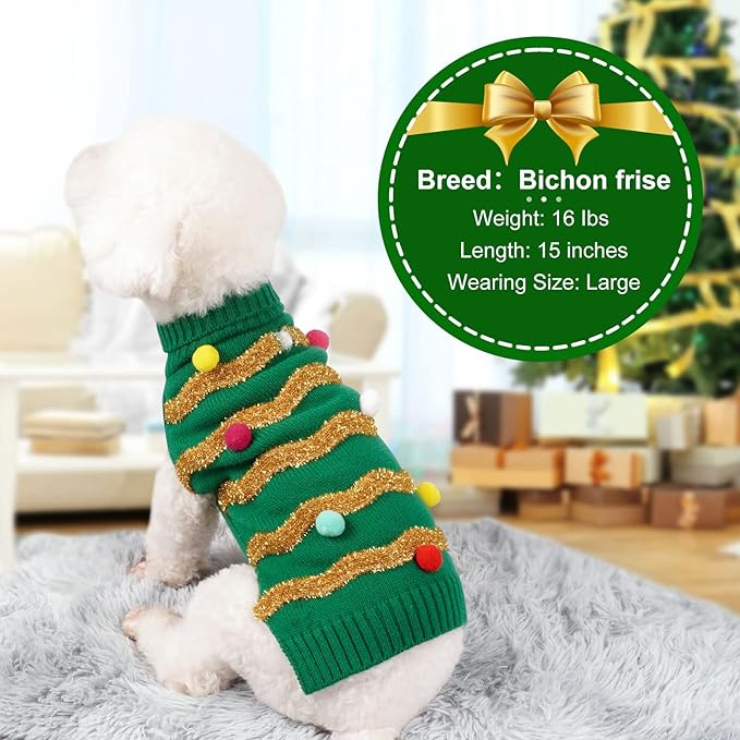 cyeollo Dog Sweater Dog Christmas Sweaters with Leash Hole Glitter Turtleneck Holiday Dogs Winter Clothes for Cold Weather Pet Sweaters for Small Dogs
