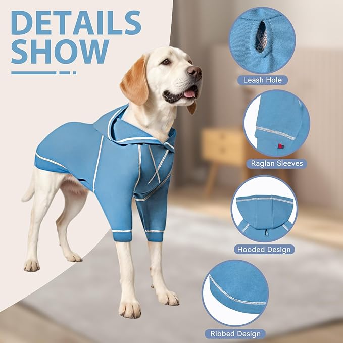 Basic Dog Hoodie Sweatshirts, Pet Clothes Hoodies Sweater with Hat and Leash Hole, Soft Cotton Outfit Coat for Small Medium Large Dogs, Light Blue (XX-Large)