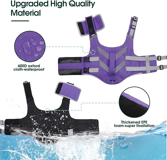 Kuoser Dog Life Jacket with Reflective Stripes, Adjustable High Visibility Ripstop Pet Life Preserver for Small, Medium and Large Dogs