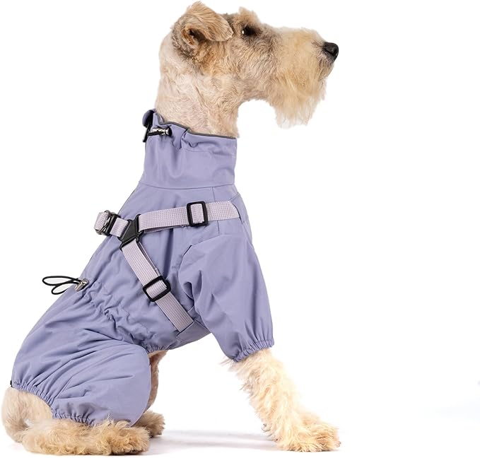 Mile High Life Waterproof Dog Raincoat, Full Coverage Small Dog Rain Coat with Harness, Adjustable 4 Legs Puppy Rain Jacket with Reflective Strip and Elastic Cuffs (Purple, L Back Length 16.1")